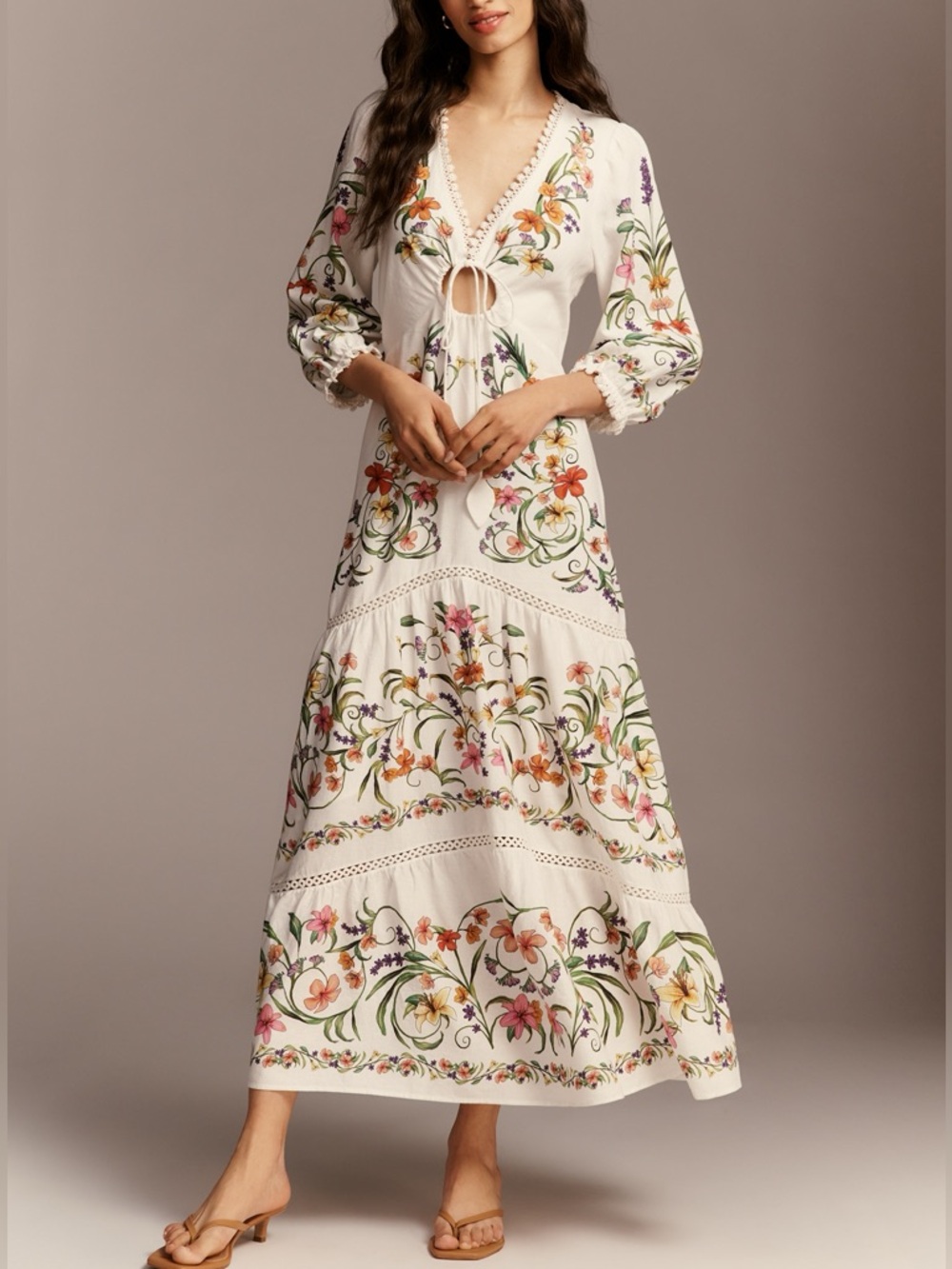 FARM Rio White Floral Printed Linen Blend Cutout Maxi Dress Size Large NWT